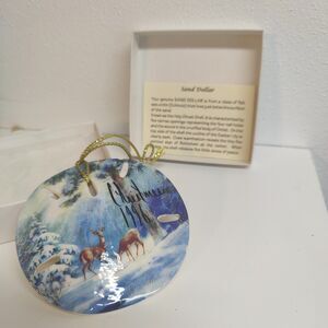CHRISTMAS ORNAMENT ~ HAND PAINTED SAND DOLLAR ~ CHARLESTON SC~ CHURCH DEER 1996